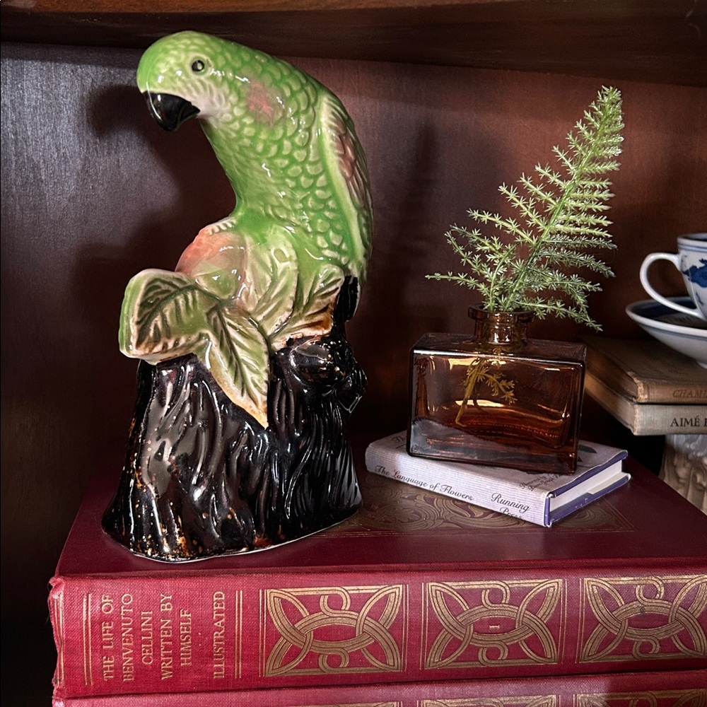 Vintage Green and Brown Ceramic Parrot Figurine
